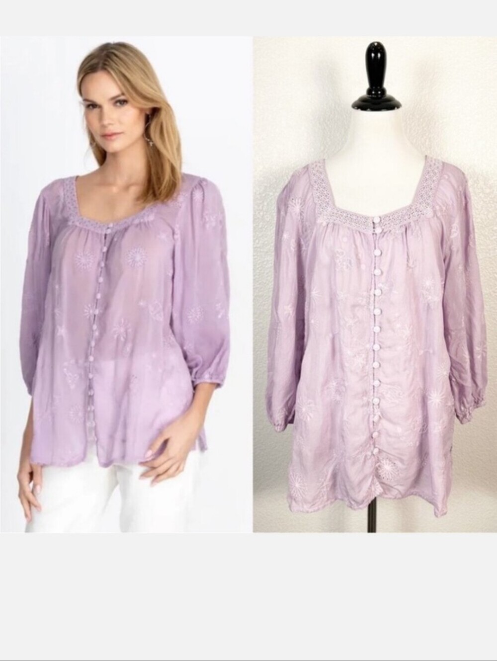 Johnny Was Lavender Embroidered Button-Up Blouse